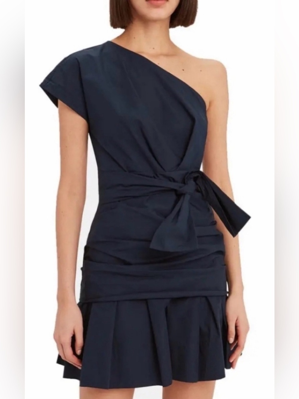 10 Crosby Derek Lam Navy One-Shoulder Tie-Waist Dress